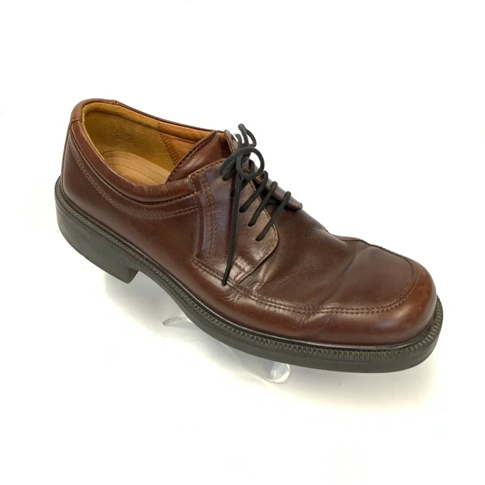 ECCO Mens Brown Leather Square Toe Lace Up Derby Shoes Shock Point‎ Size 44
